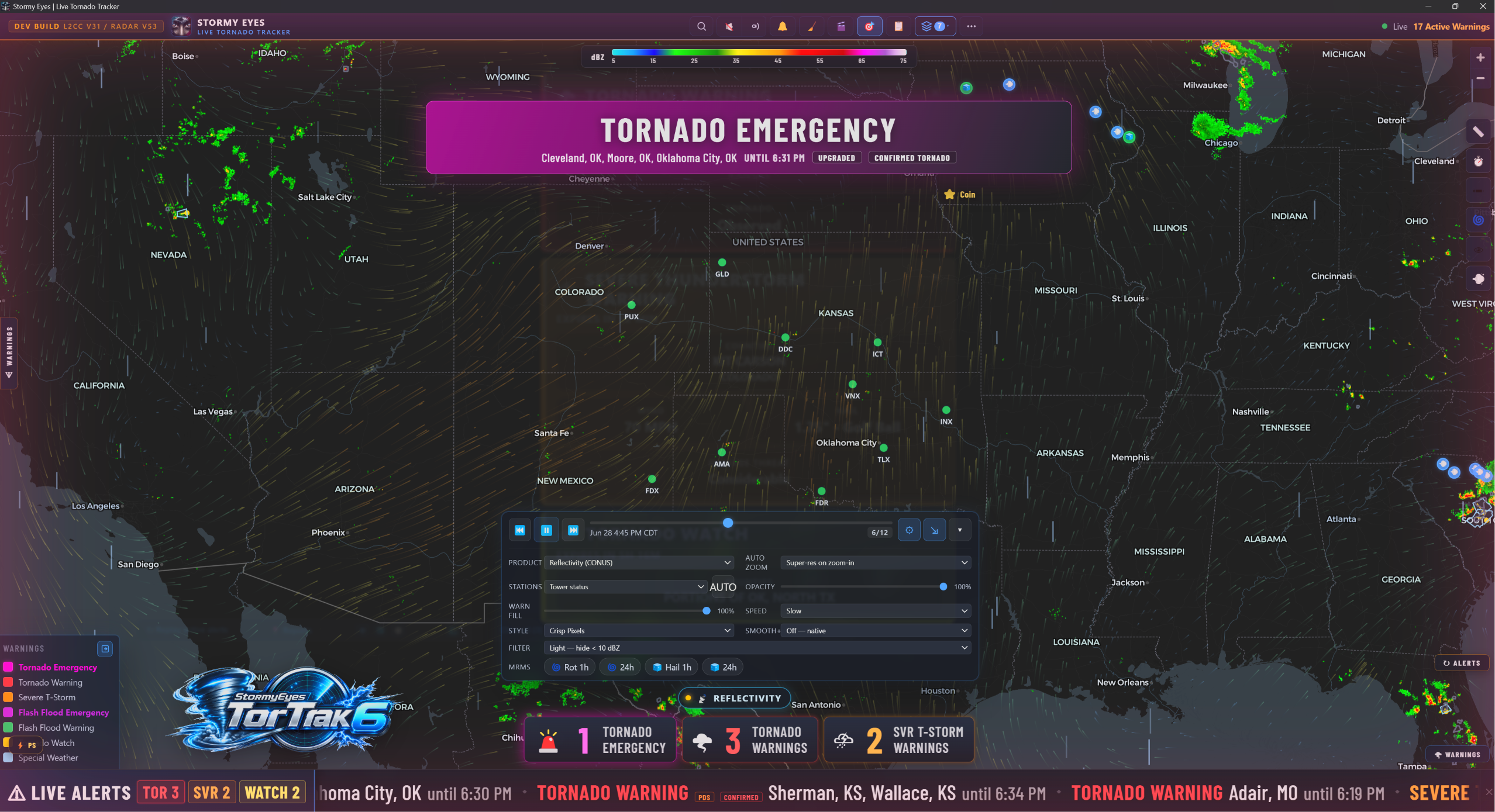 Example Tortrak broadcast workspace showing a national radar map, tornado warning banners, layer controls, and a scrolling alert ticker. Not live weather.
